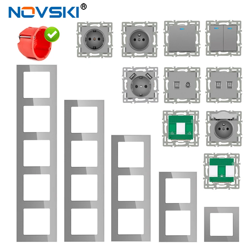 Novski Interruptor de luz de panel de vidrio templado, enchufe de pared europeo y francés, USB, TV, RJ45, RJ11, módulo de interruptor de sensor DIY gris