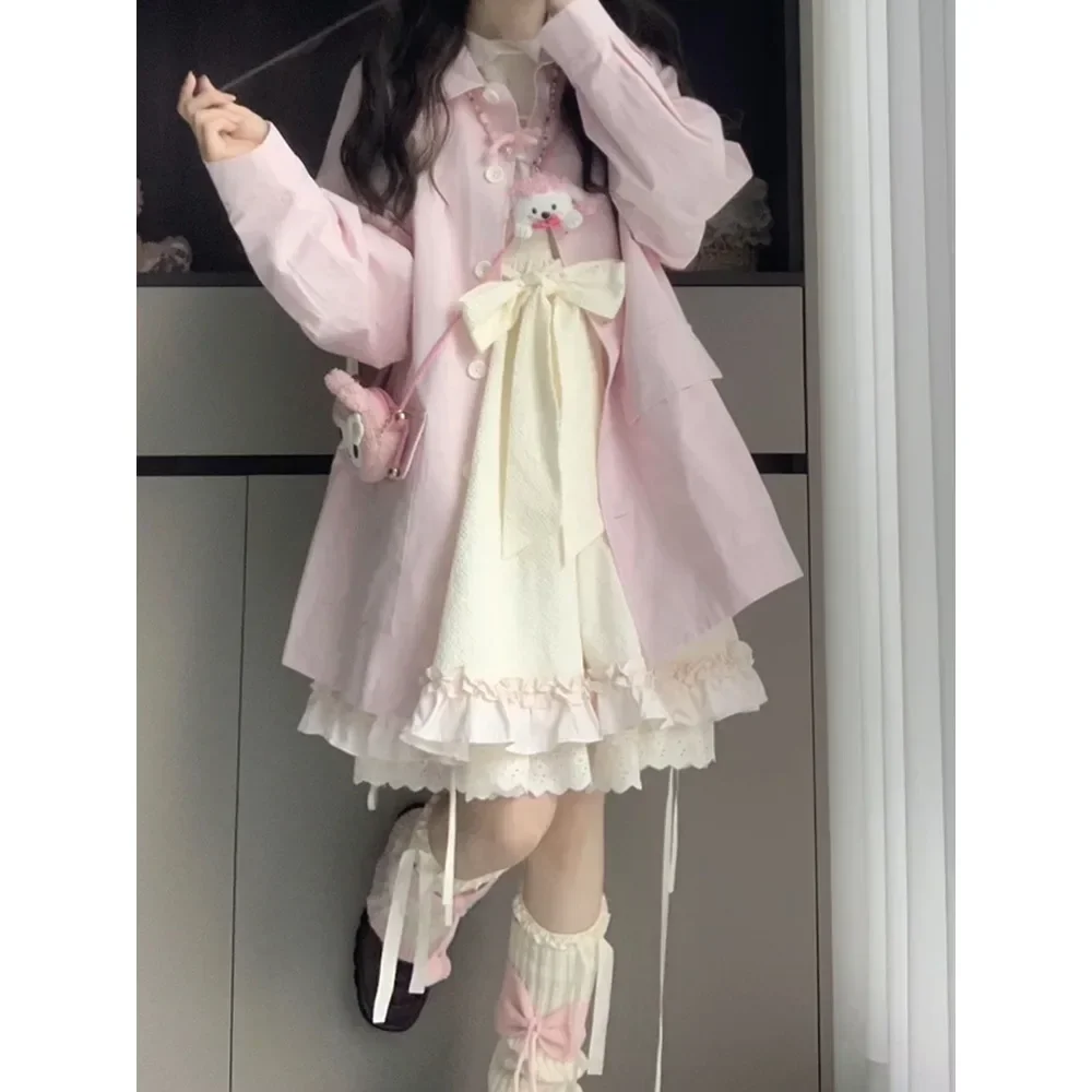 

Милое милое платье цвета хаки в японском стиле с галстуком-бабочкой, женское студенческое многослойное розовое платье с длинными рукавами, комплект из 2 предметов