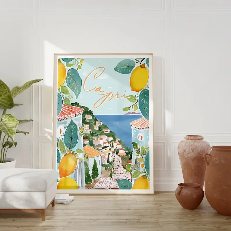 La Dolce Vita Lemon Posters and Prints Retro Spritz Canvas Painting Santorini Italy Travel Wall Art for Room House Decor Gift