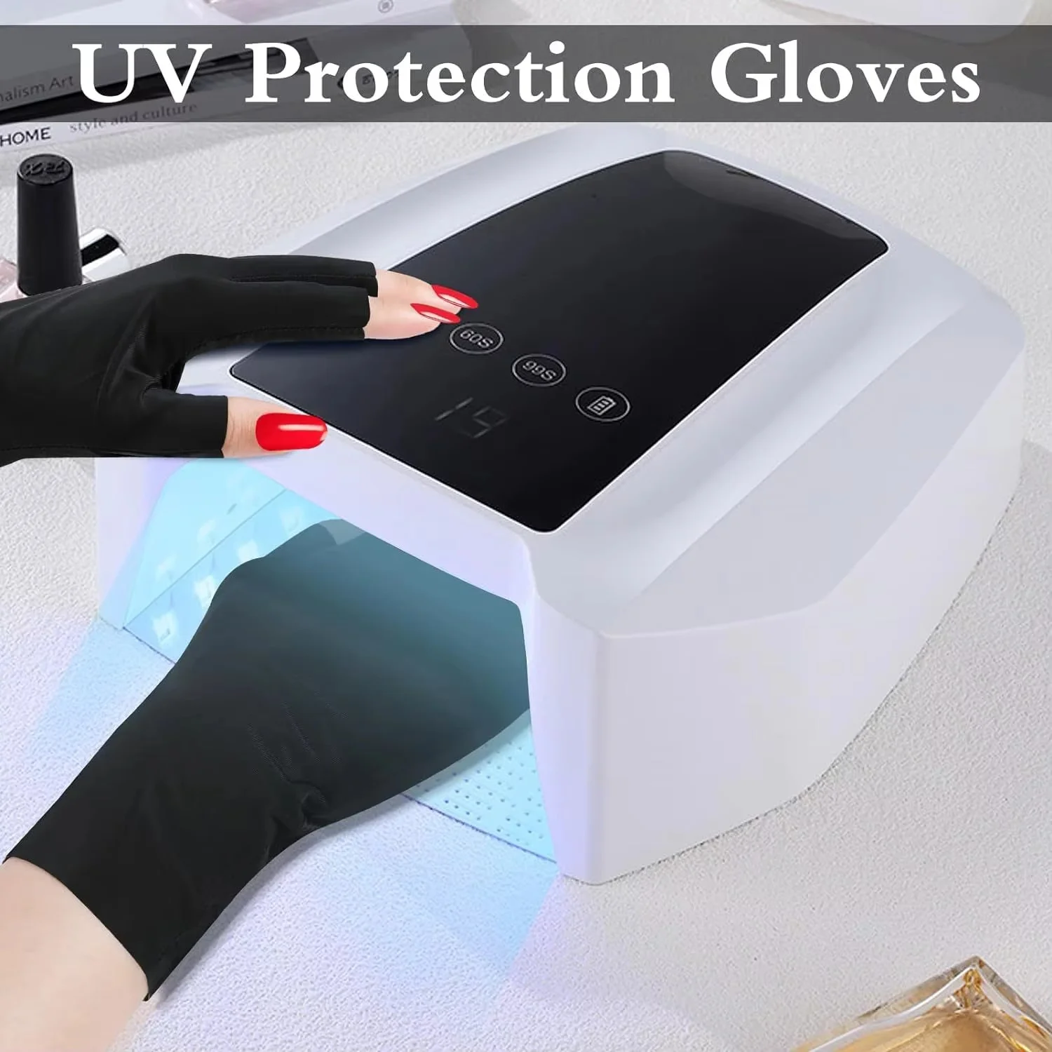 Stylish and colourful nail protection gloves offering UV protection and preventing nail discolouration, featuring sun-protective