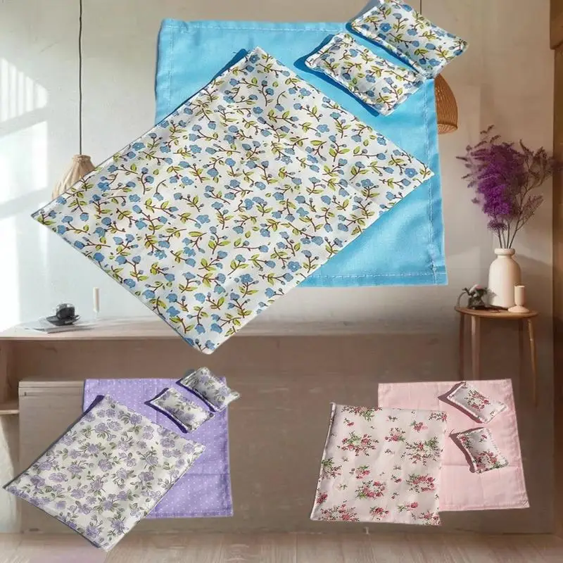 ミニチュアドールハウスベッドセット：1/12スケール用ベッド、キルト、カバー、枕