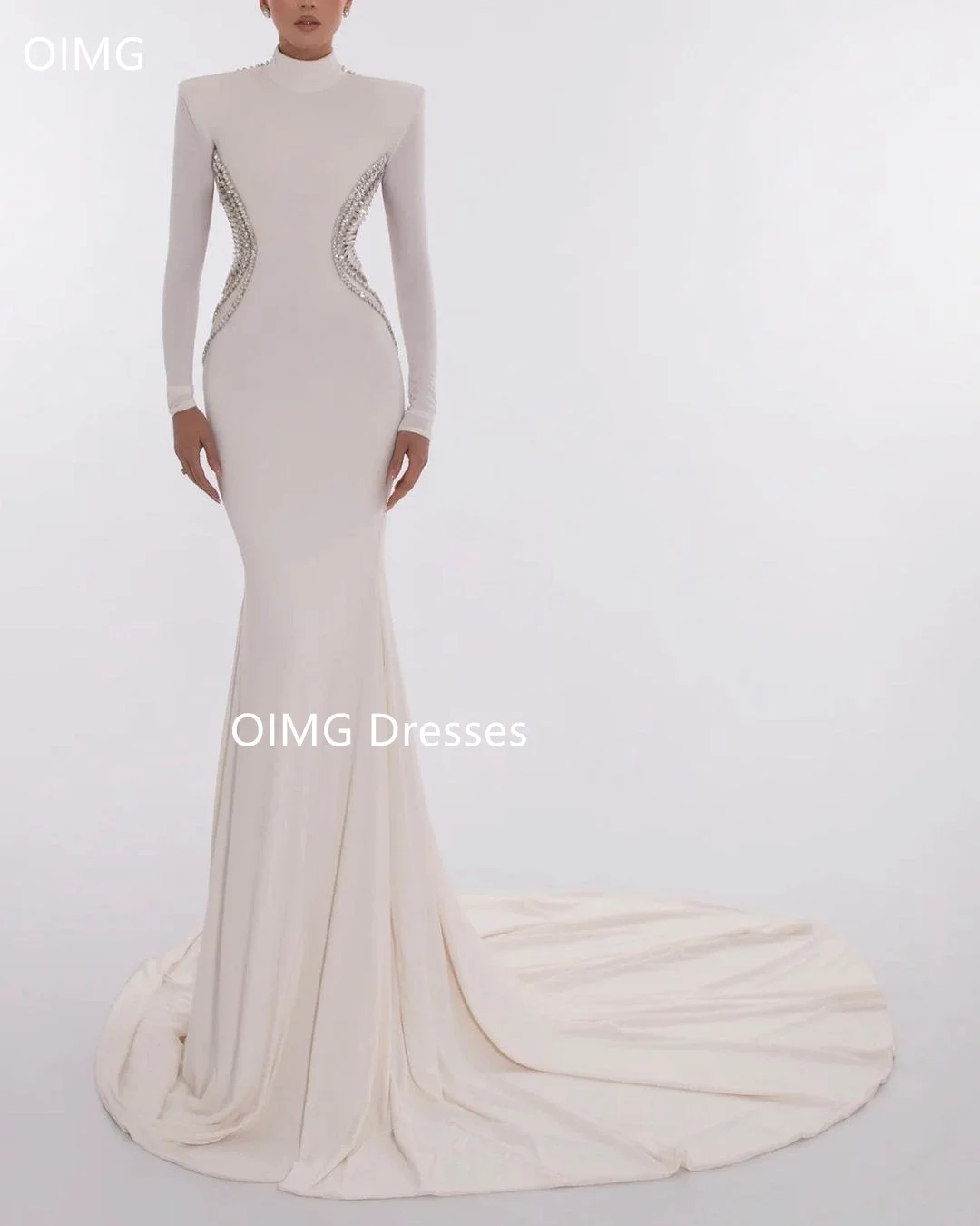 

OIMG Fashion Saudi Sheath Satin Vintage Prom Dresses Mermaid Long Sleeves White Crystals Evening Gowns Formal Party Dress