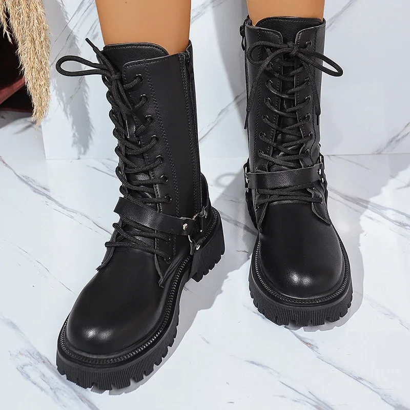 Women's Pu Leather Mid Calf Combat Boots 2026 Autumn Metal Buckle Strap Platform Boots Woman Plus Size 42 Black Biker Booties