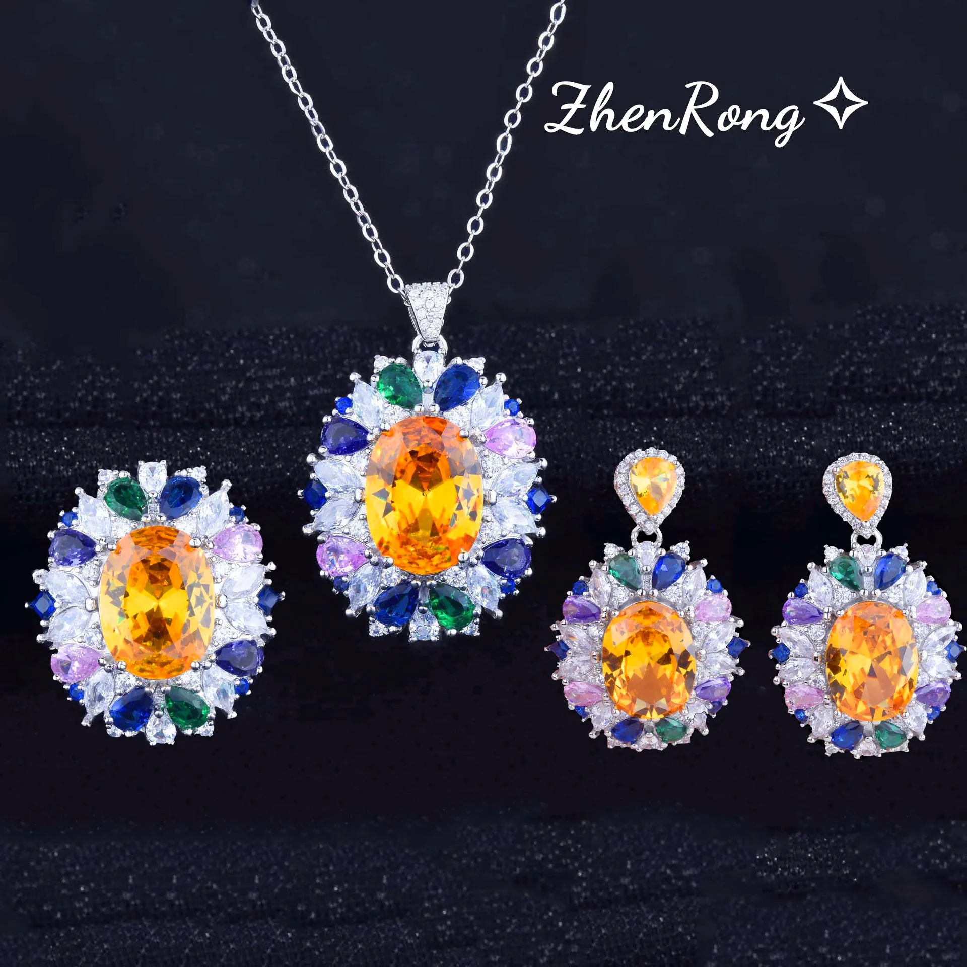 Foydjew New Secret Garden Series Simulation Color Tourmaline Jewelry Sets Pendant Necklaces Earrings Rings For Women Banquet Set