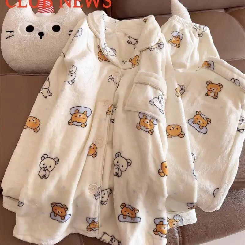 

Kawaii Rilakkuma Pajamas for Women Autumn Winter Cute Hooded Cartoon Long Sleeved Pants Thick Warm Home Clothes Girls Gifts Toys