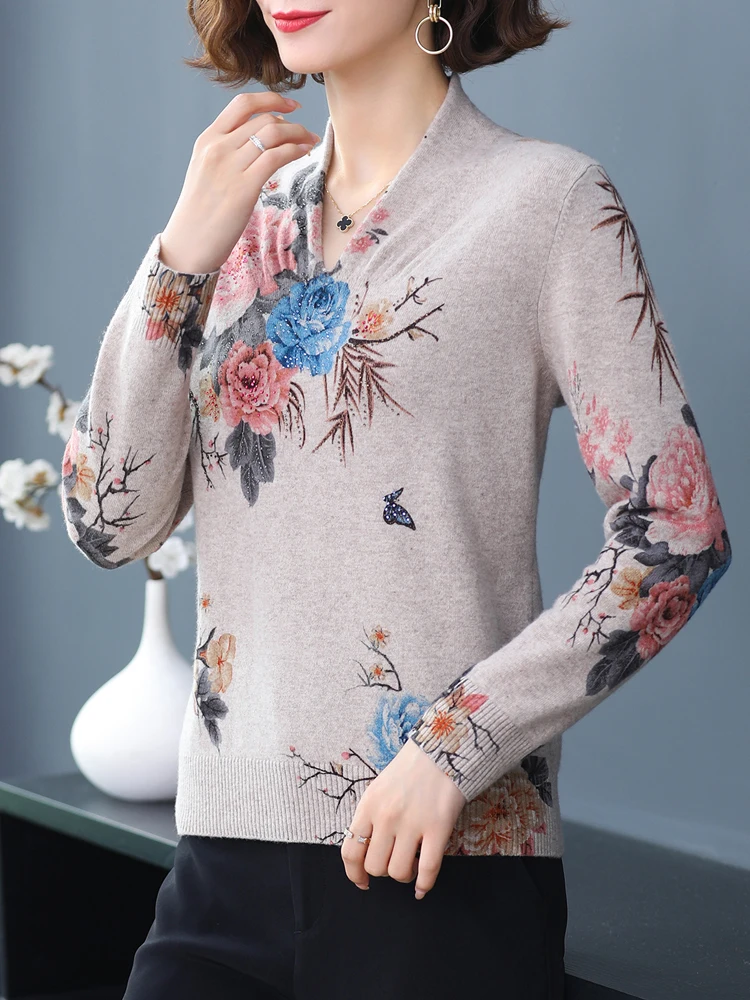 Floral Print Women\'s Sweaters Autumn Korean Style Women Clothing Pullover Long Sleeve Top Femme Soft V Neck Knitted Sweater