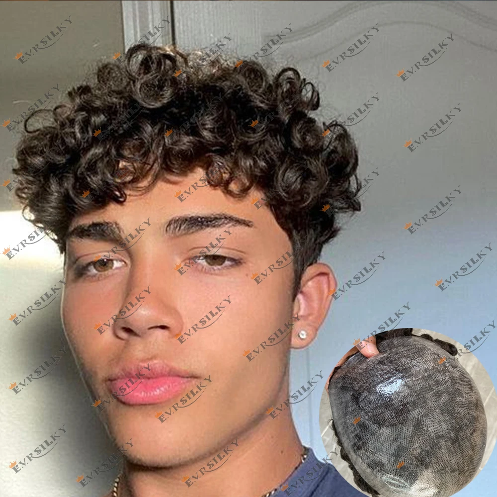 

22mm Curly Natural Hairline Human Hair Toupee Black Dark Brown Super Durable Full Skin PU Cap Male Hair Patch for Mens Hairstyle