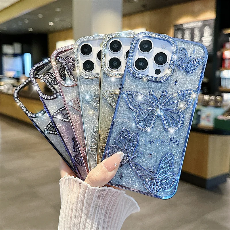 Luxuriöse 3D-Glitzer-Diamant-Schmetterlings-Farbverlaufs-Telefonhülle für iPhone 16, 14, 15, 13, 12, 11, Pro Max Plus, stoßfeste Rückseite