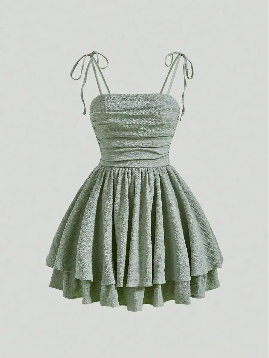 

Mint Green Ruched Cami Dress with Adjustable Shoulder Ties and Tiered Skirt
