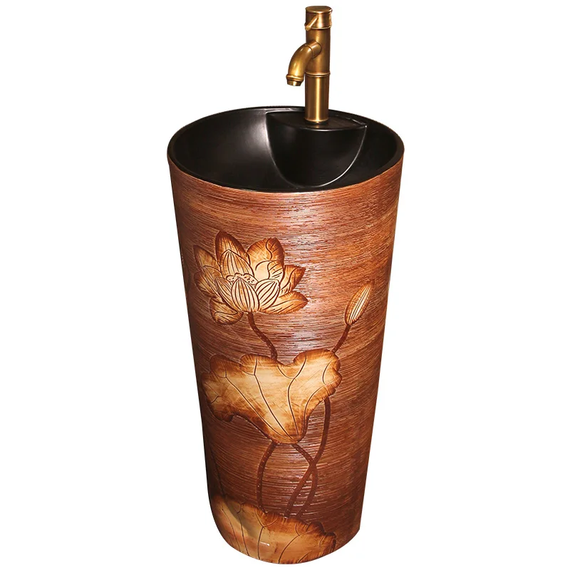 

Floor-to-ceiling integrated column basin, hand-carved Chinese wash basin, ceramic column type, washbasin, retro feng shui pool