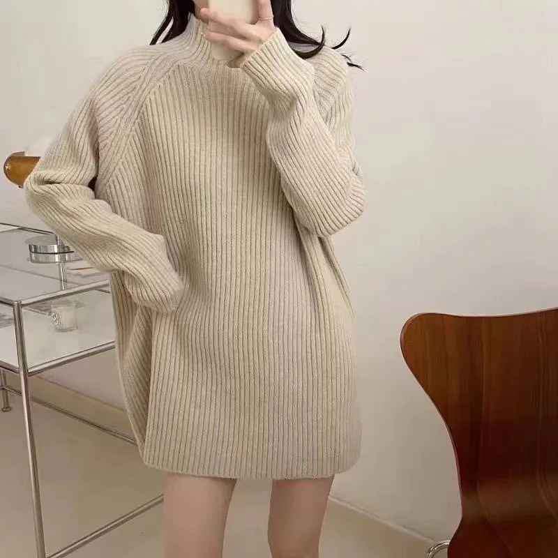 Women's Sweater Autumn and Winter New Half High Neck Fashion Elegant Versatile Long Sleeved Striped Knitted Shirt Mid Length