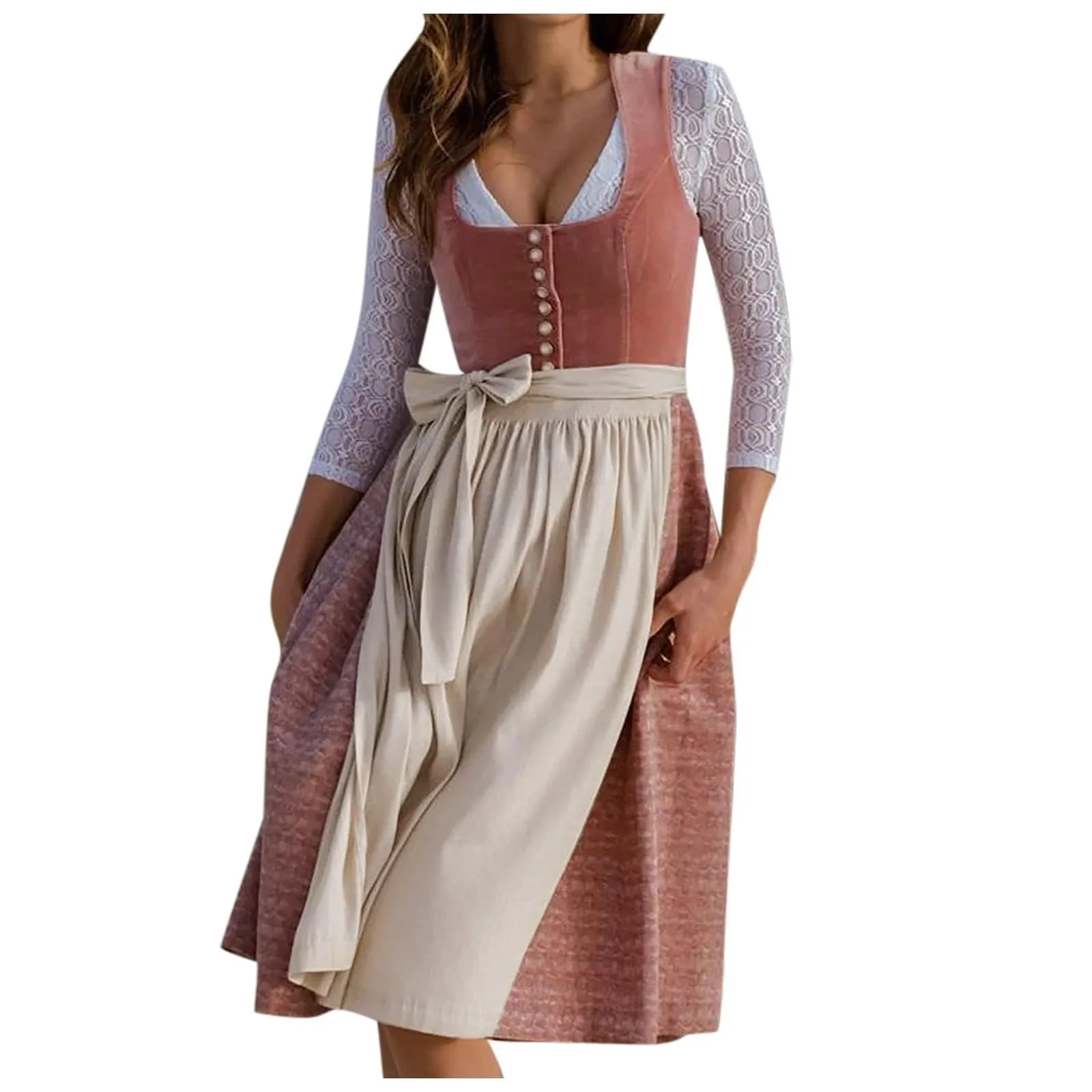 Oktoberfest Dirndl Aprons Dress Women Square Neck Single Breasted A Line Dress Retro Print Vest Skirt Medieval Maid Cosplay Maxi