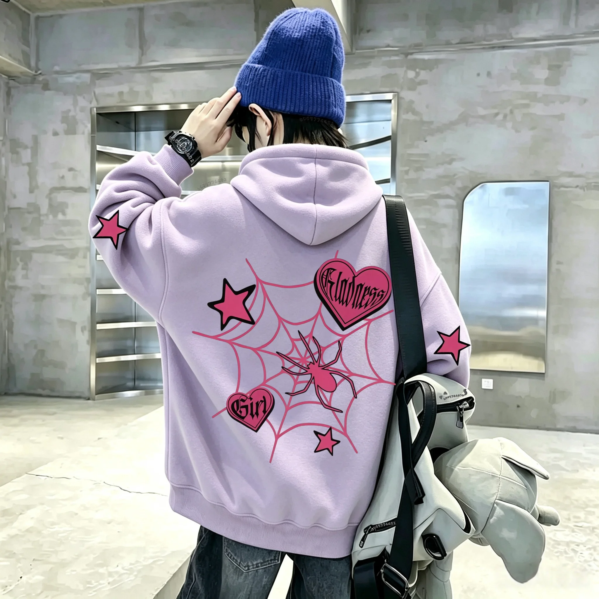 Latest Y2K Millennium-style powder web spider heart star pattern children's hooded pullover sweater for boys and girls