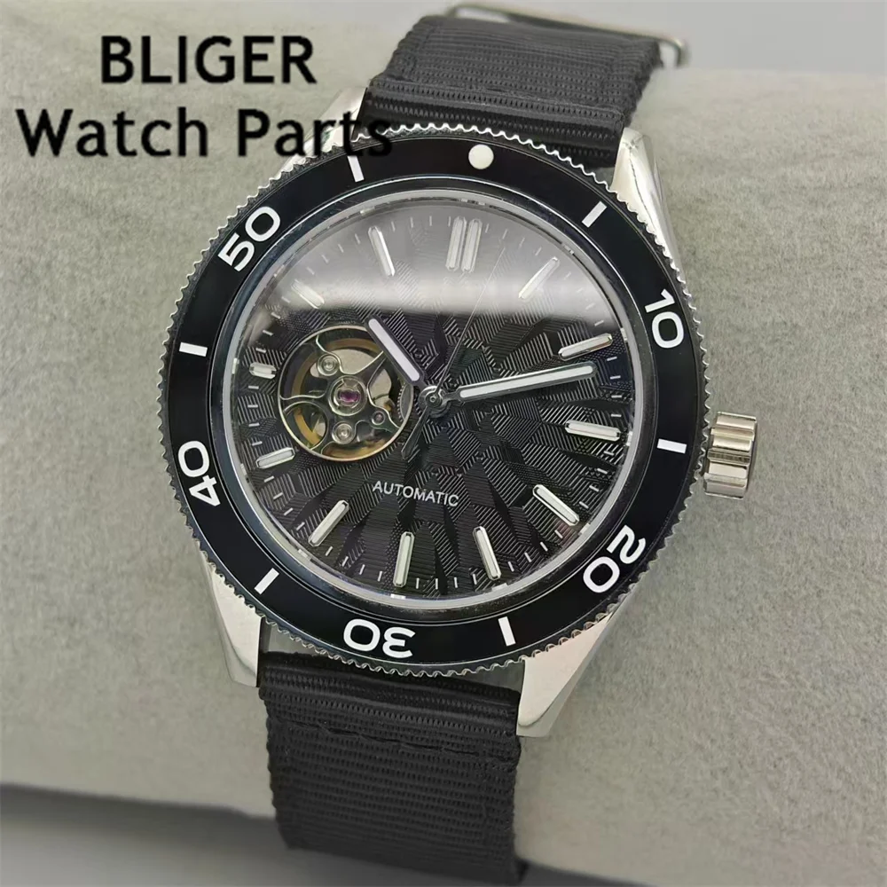 BLIGER 41.5mm NH38 Men\'s Mechanical Automatic Watch Skeleton Dial Green Luminous Domed Sapphire Crystal Nylon/Rubber Strap