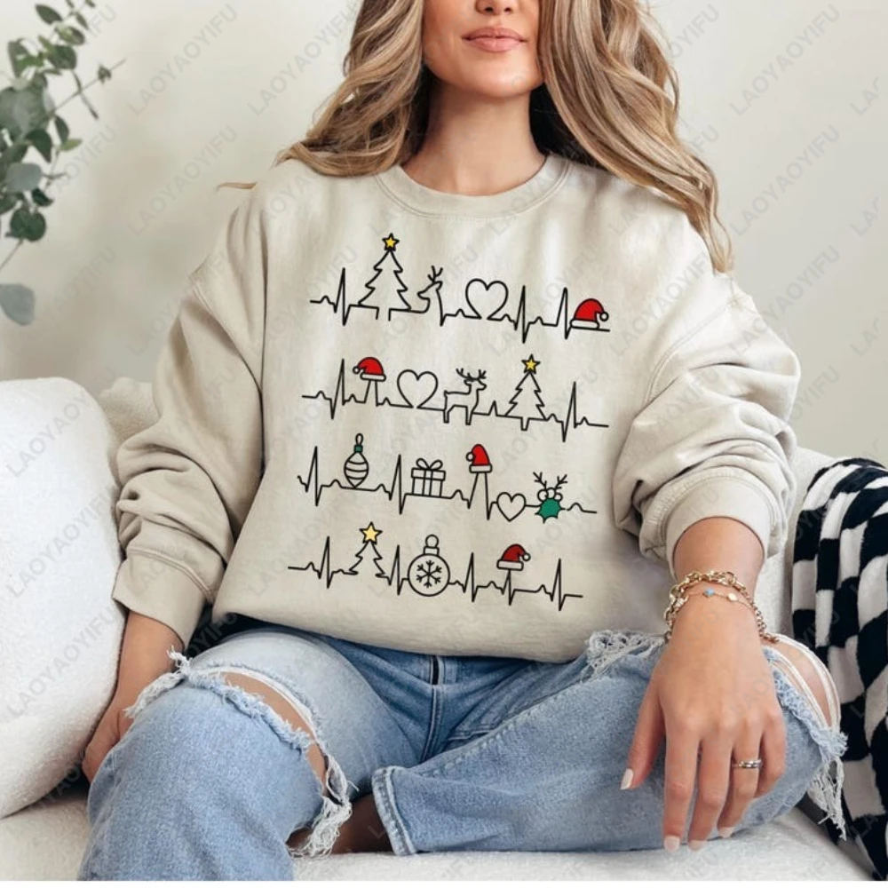 Świąteczna Śmieszna Bluza z Grafiką EKG, Świąteczne Drzewka, Czapka Świąteczna, Pulower Graficzny, Damska Męska Odzież Medyczna, Prezent, Sweter Casual