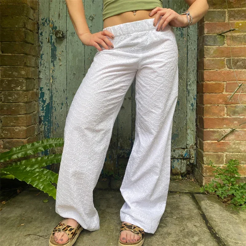 Pantalon en dentelle à fleurs évidées pour femmes, vêtements esthétiques, blanc, élastique, taille basse, baggy, adt fj2000 s streetwear, y2k