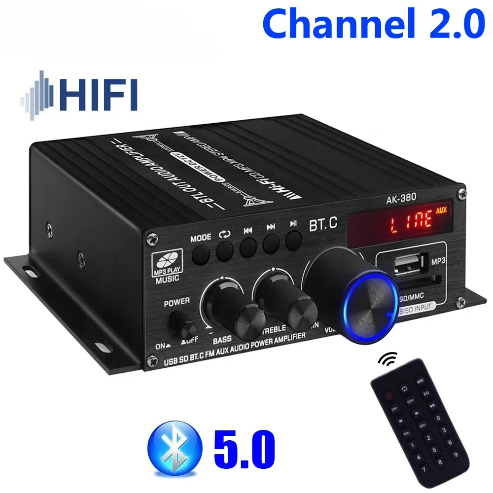 

Sound Amplifier Channel 2.0 HIFI Bluetooth Amp Home Digital Audio 12V3A AK380 for Car Bass Trebl