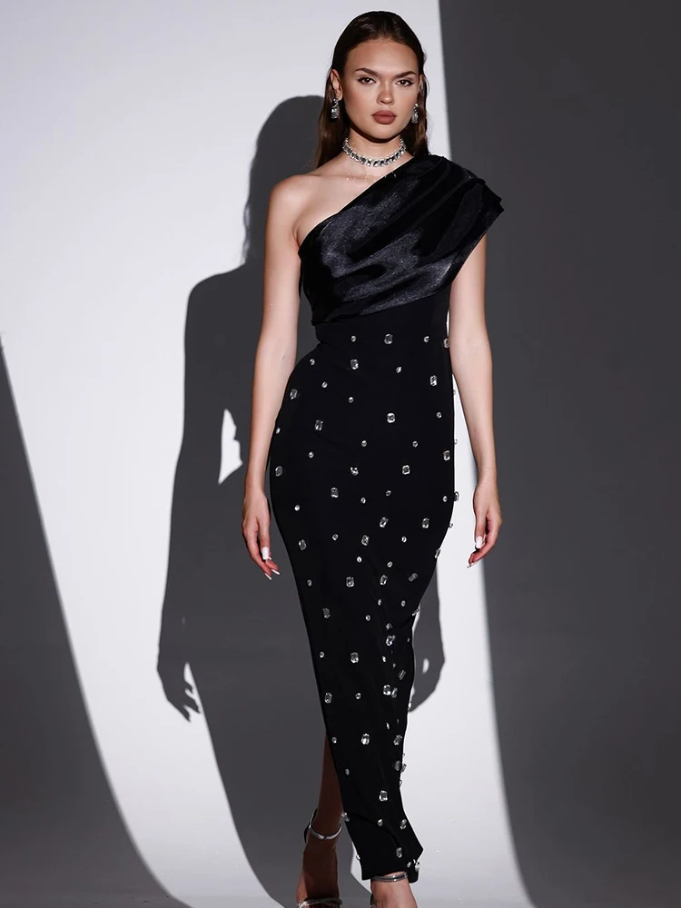 

Elegant Diamonds Sleeveless Long Dress Spring Women Inclined Shoulder Dresses Summer High Waist Backless Slim Knee Length Dress