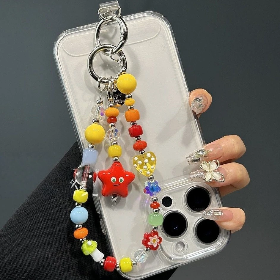 Cadena para Teléfono Móvil con Estrellas Coloridas, Cadena Colgante para Bolsa de Cámara, Abalorios DIY con Diseño de Sonrisa Feliz, Dijes de Moda, Pulsera Antipérdida