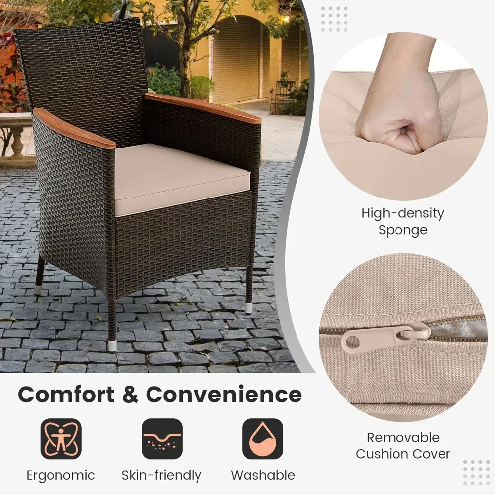 10 Piece Patio Rattan Dining Set with 15Ft Double-Sided Umbrella, Outdoor Heavy Duty Acacia Wood Table and Stackable Wicker Cha