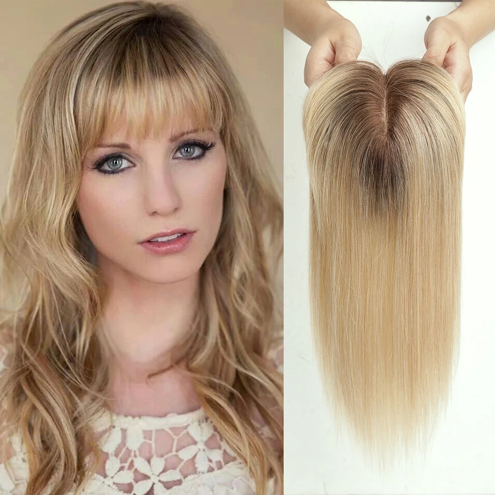 Remy Human Hair Toppers Dark Brown Root Blonde Hairpieces Clip In Straight Human Hair Piece for Women Silk Base Hairpiece 10inch