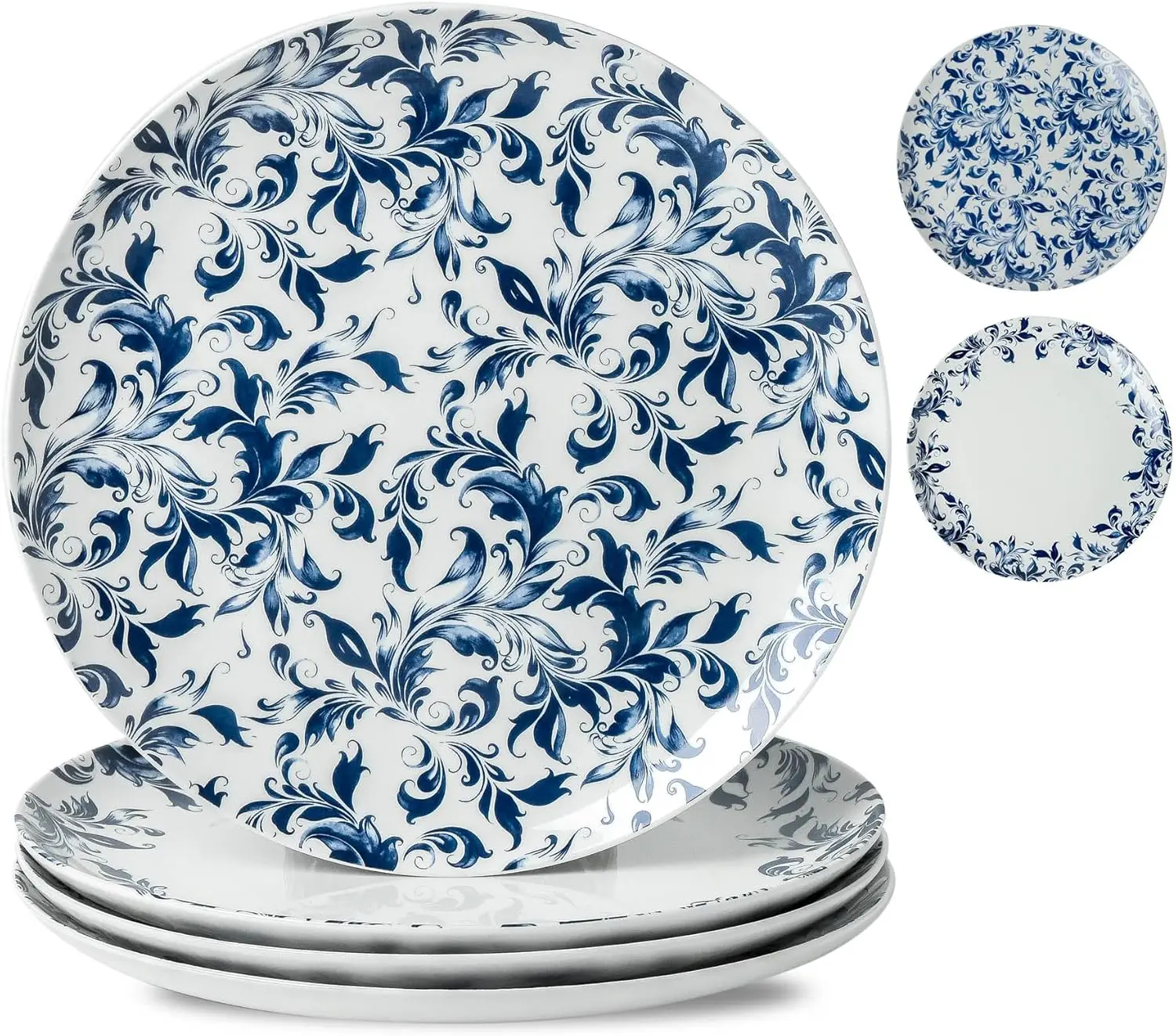 

10-дюймовые большие керамические обеденные тарелки, набор из 4 шт., синие и белые десертные тарелки, круглые тарелки для салата с цветочным принтом, тарелки в шинуазри, духовка