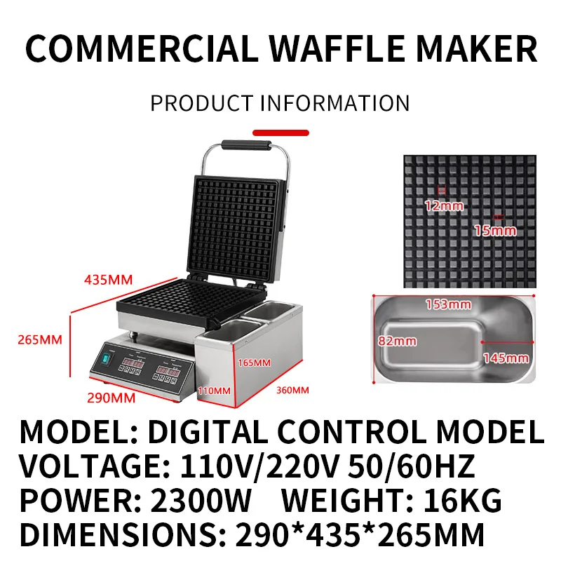220V Electric Waffle Maker, Non-Stick Coating, Digital Timer Control, Thickened Aluminum Plates, Stainless Steel Waffle Maker