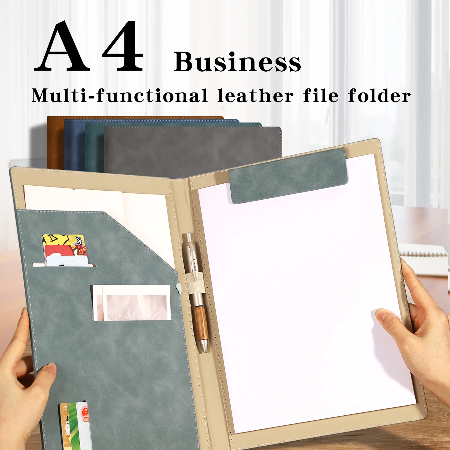 A4 PU Leather Business Folder Multifunctional Document Organizer with Card Slots And Pen Holder for Office Use