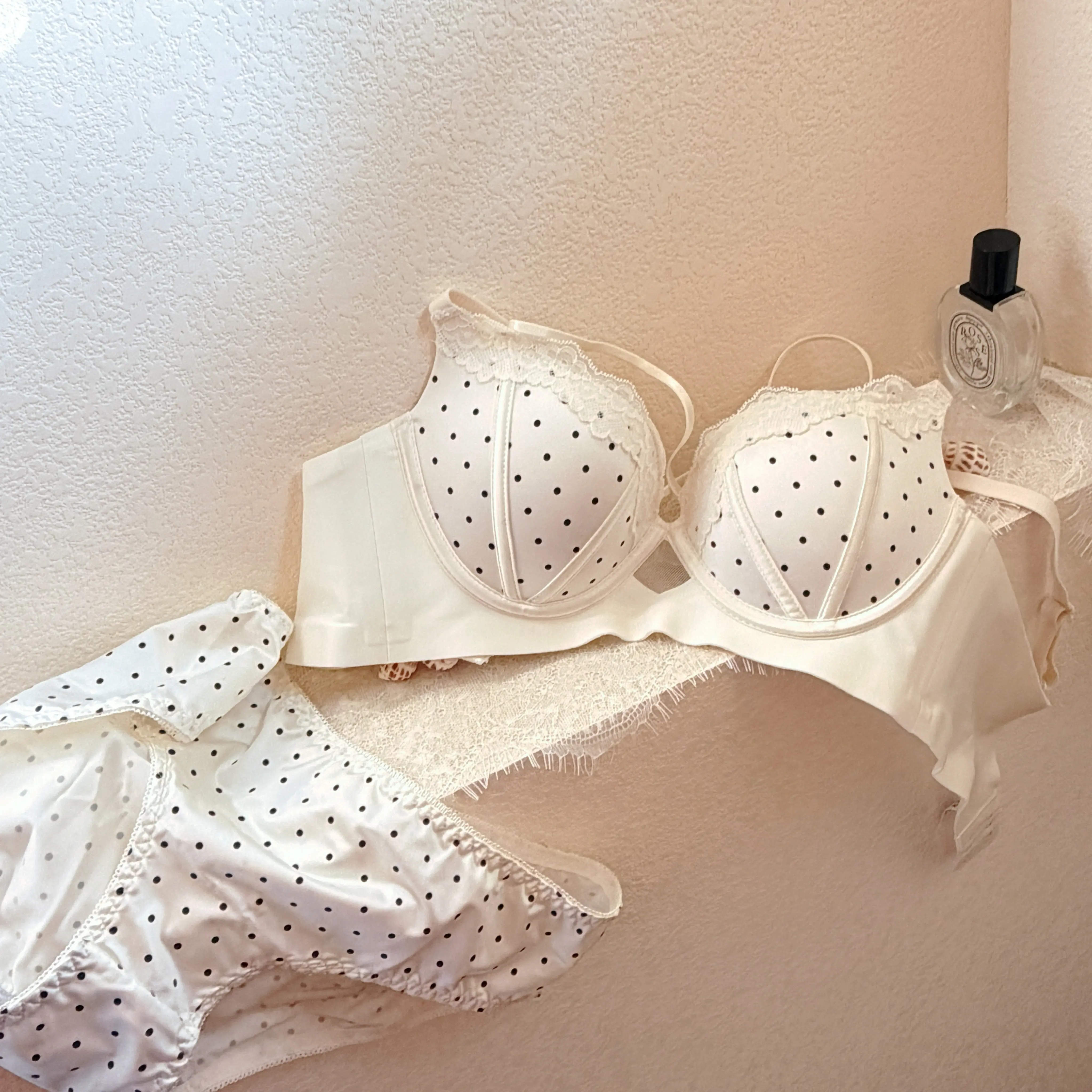 

Cream Polka Dot • French Vintage Satin Lingerie Set • Push Up for Small Busts • Sexy Palm Cup Underwire Bra