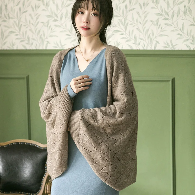 Cashmere Knitted Cardigan, Korean Version Shawl, Air-conditioner Shoulder Protection, Hollow Wool Scarf, Spring and Autumn