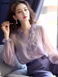 Vintage Long Sleeve Shirts Women 2026 Sexy Korean Fashion Clothing Casual Y2k Tops See Through Streetwear Purple Chiffon Blouses