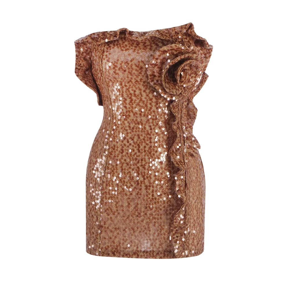 

Women Luxury Designer Brown Strapless Appliques Ruffles Bodycon Mini Sequines Sparky Celebrity Evening Club Party Dresses Gala