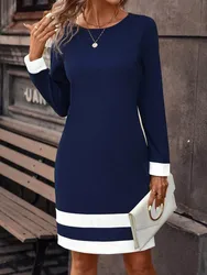 Women's New Fashion Casual Knitted Crew-neck Splicing Fitted Long-sleeved Mid-length Commuter Self -cultivation Dress