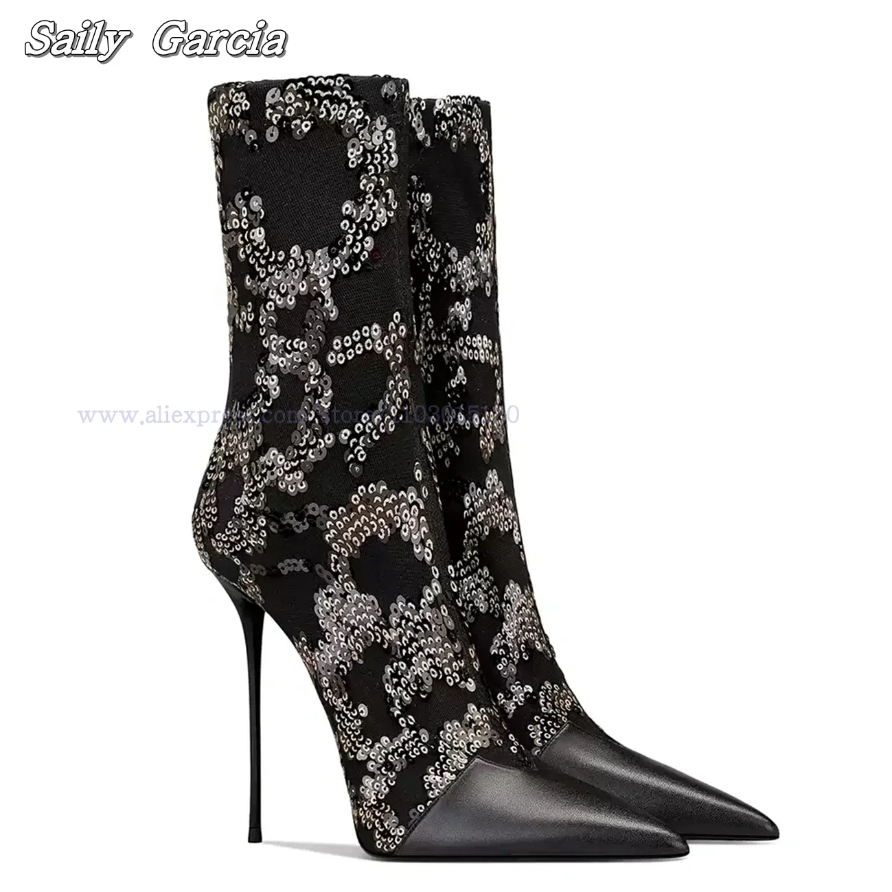 Sequined Cloth Stitched Genuine Leather Stiletto High Heels Pointe Toe Back Zipper Sexy Boots Size 33-41 Grace Lady Party Boots