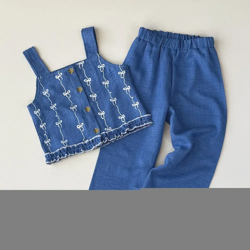 Summer New 2026 Baby Girls Suits Imitation Denim Bow Print Sleeveless Tops and Pants Two-piece Set Casual Children Clothing