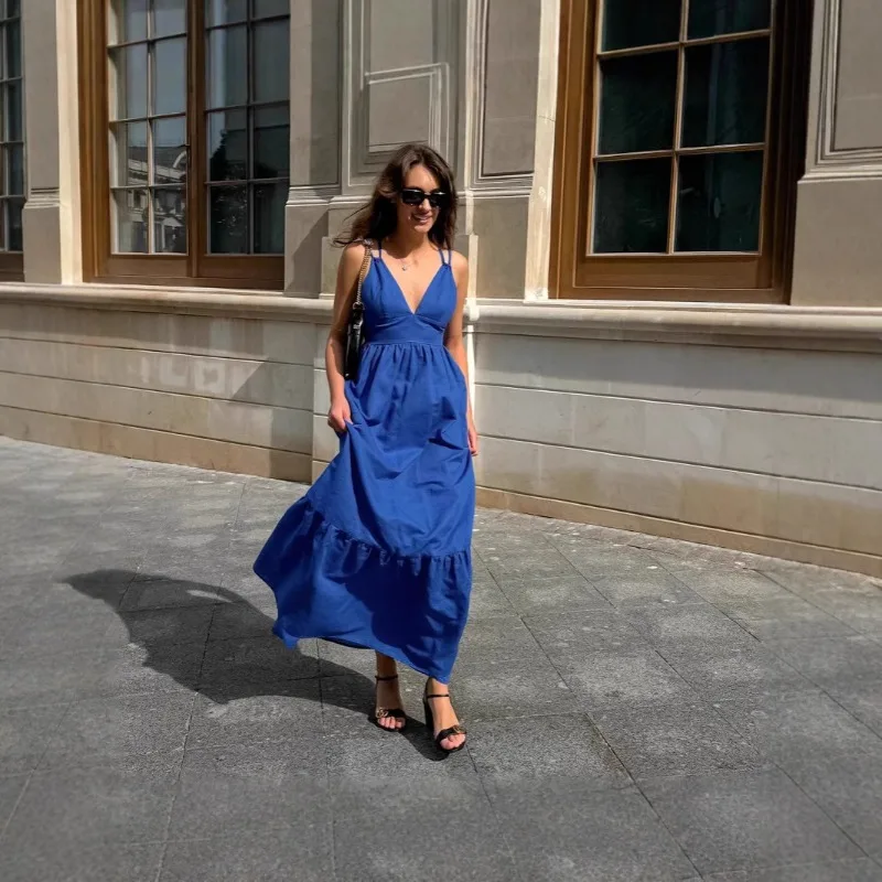 

2025 Spring Summer V Neck Backless Sleeveless Dress Women Fashion A Line Long Dress Casual Elegant
