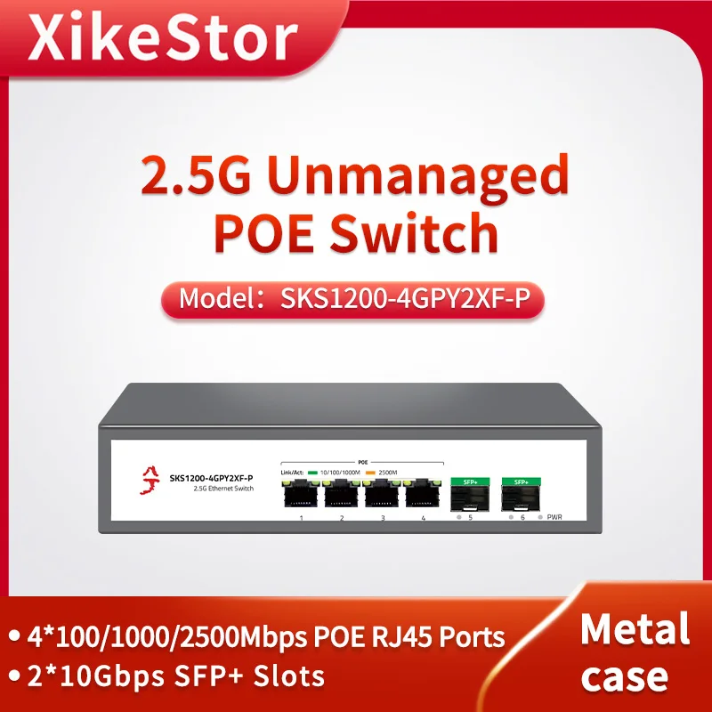 XikeStor conmutador de red Ethernet Simple L2, 6 puertos, 2,5G, gestionado, no gestionado, PoE, 4 puertos RJ45 de 2,5G, 2 ranuras SFP + de 10G