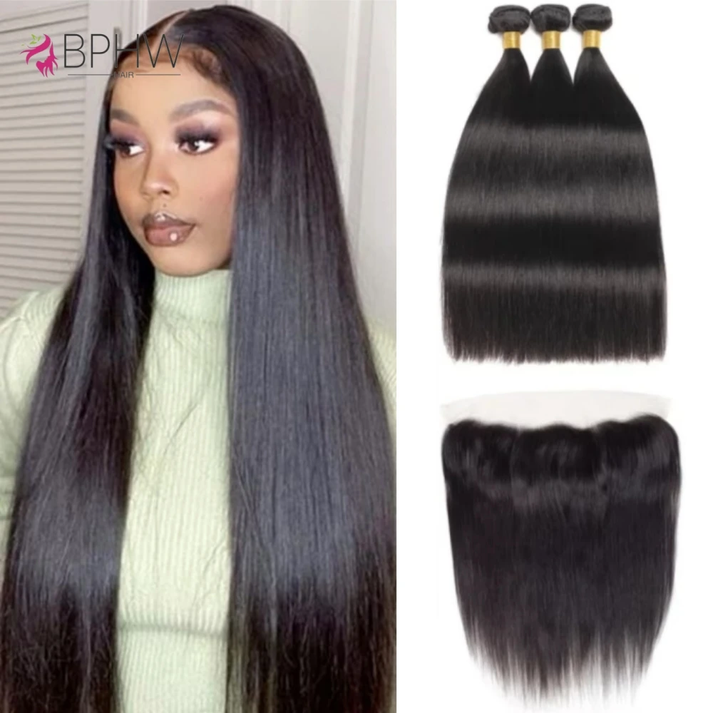 

Straight Human Hair 3 Bundles With Lace Closure Frontal & 13x4 Frontal And Bundles 100% Virgin Human Hair Natural Color Hair