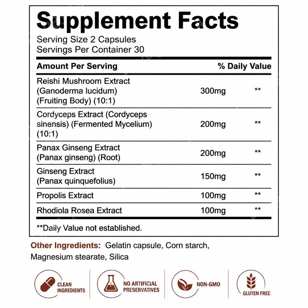 Docteat Reishi Cordyceps Ginseng Herbal Blend Capsules with Propolis and Rhodiola 60 Count Immune Support for Adults