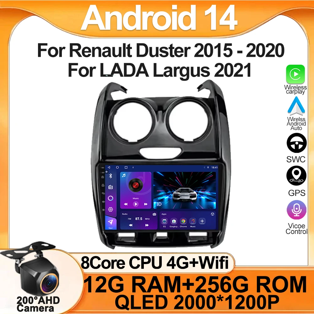 Car Radio For Renault Duster 2015 - 2020 For LADA Largus 2021 Android 14 Multimedia Player GPS Navigation Carplay Android Auto