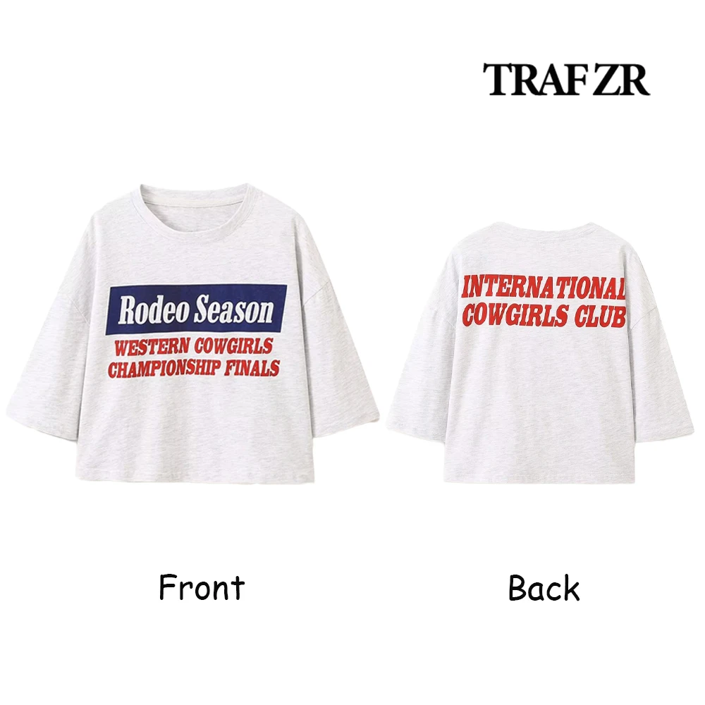 TRAF ZR High Street Loose Letter Printed T Shirt for Women Casual O-neck Short Sleeve Tops Woman 2024 Classic Aesthetic Tees