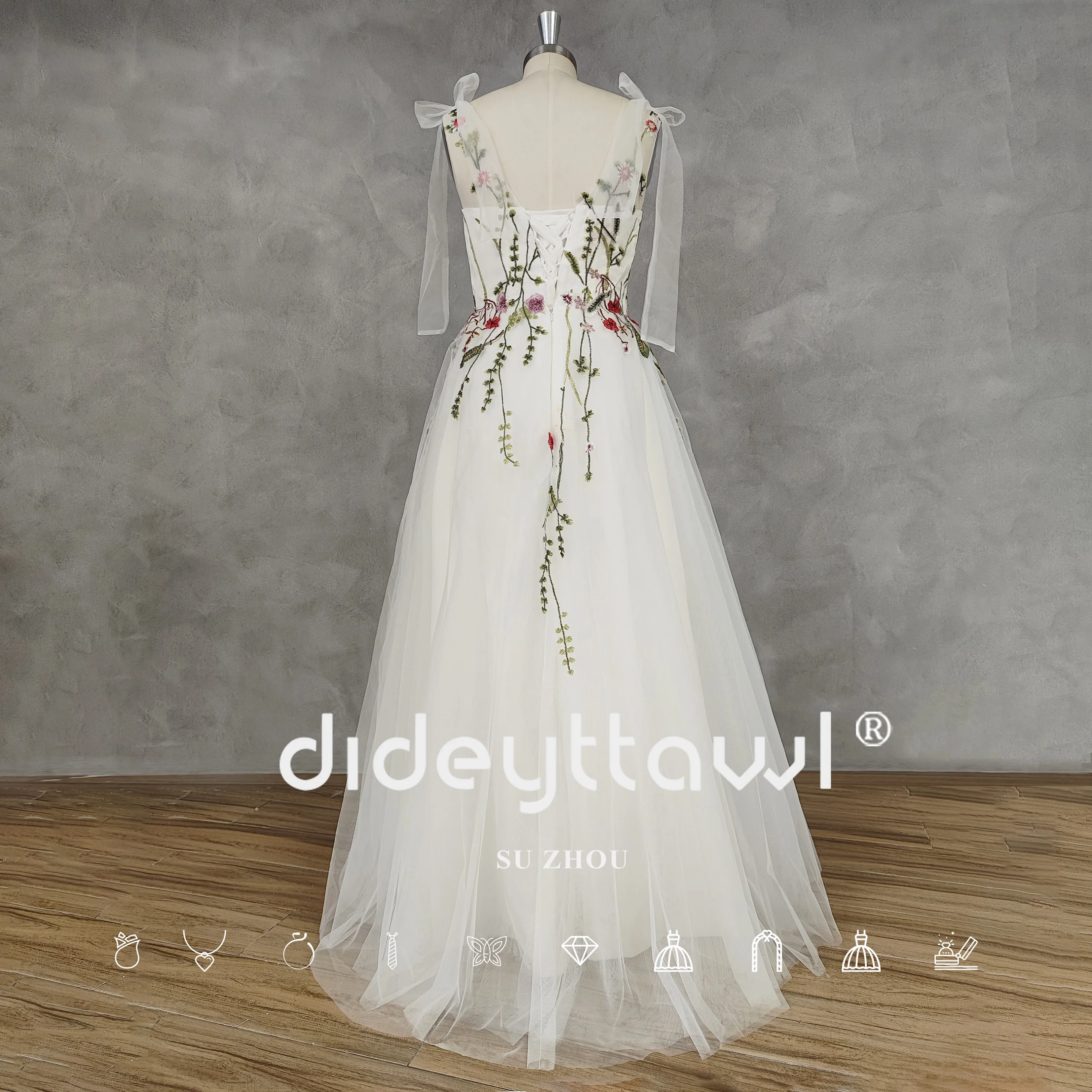 DIDEYTTAWL Real Photo Fairy Flowers Embroidery Sleeveless Tulle Wedding Gown Sweetheart A-Line Lace up Floor Length Bride Dress