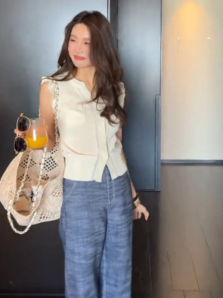 เสื้อกั๊กถักลายฉลุแฟชั่นสำหรับผู้หญิง สไตล์เกาหลี ทรงตรง ติดกระดุม เหมาะสำหรับใส่ไปทำงานช่วงฤดูร้อน