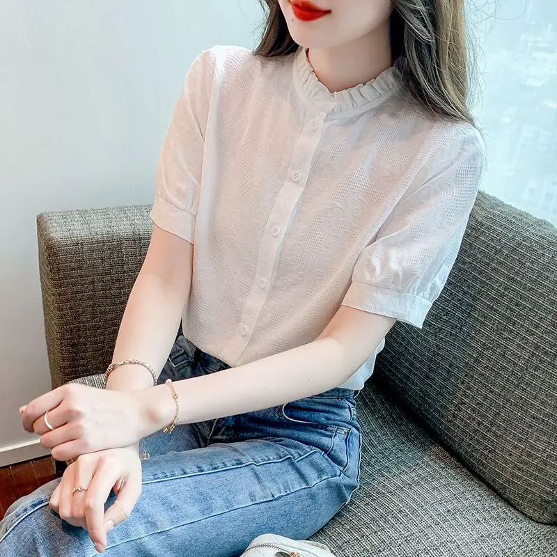 Cotton Summer Woman Blouse Foreign Style S-3XL Short Sleeve Blue/Red/White Buttons Shirt Fashion Versatile Femininas Tops Z868