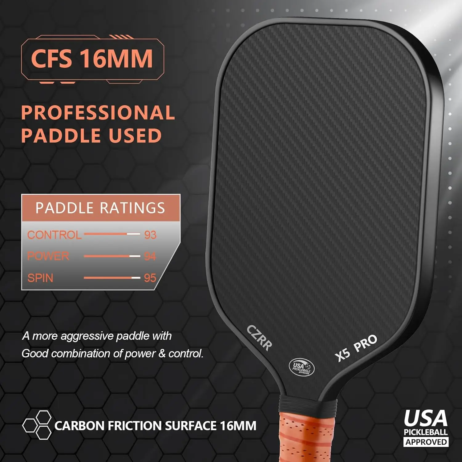 Paddle, Pickleball Approved, 3K Raw Carbon Fiber Surface (CFS) High Grit & Spin, with 16MM Polypropylene Honeycom