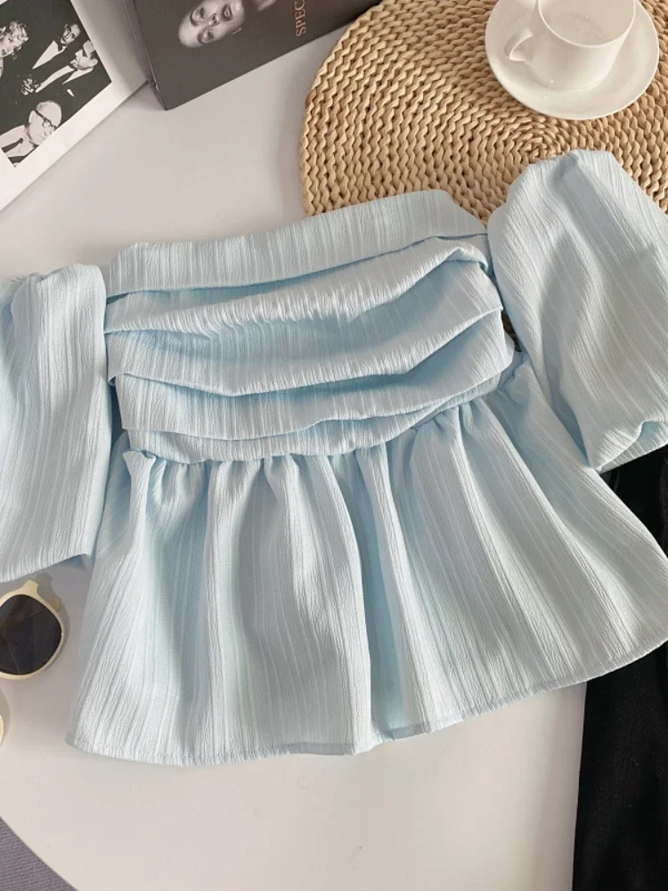 ガガナイト-女性用フレンチブラプリーツワンラインカラーオフショルダーシャツ、ストラップレスパフスリーブショートトップ、サマー