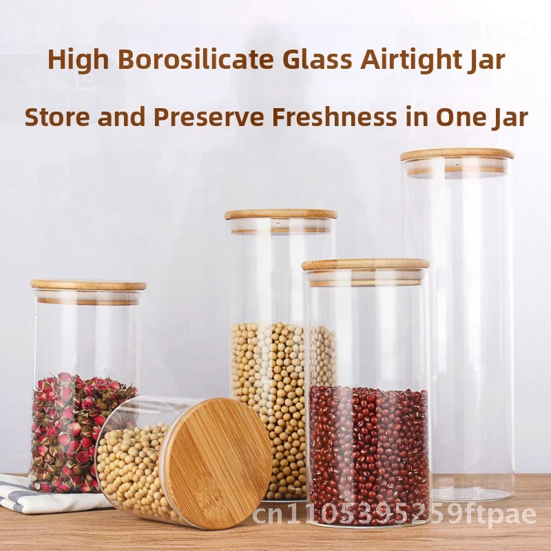 Transparent Glass Sealed Jar with Bamboo Lid for Tea Storage Pastoral Style Food Storage Box Household Kitchen 500ml