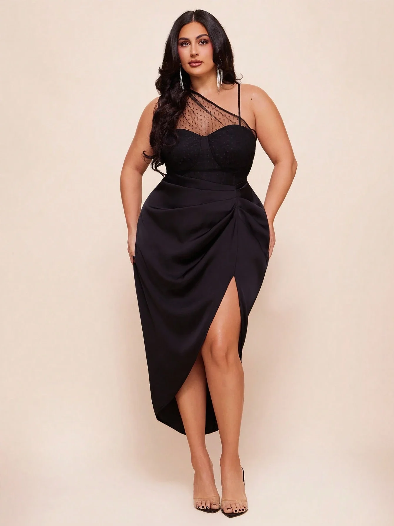 

Plus Size Black Mesh Asymmetrical Shoulder Midi Dress With Slit Elegant Cocktail Party Dress