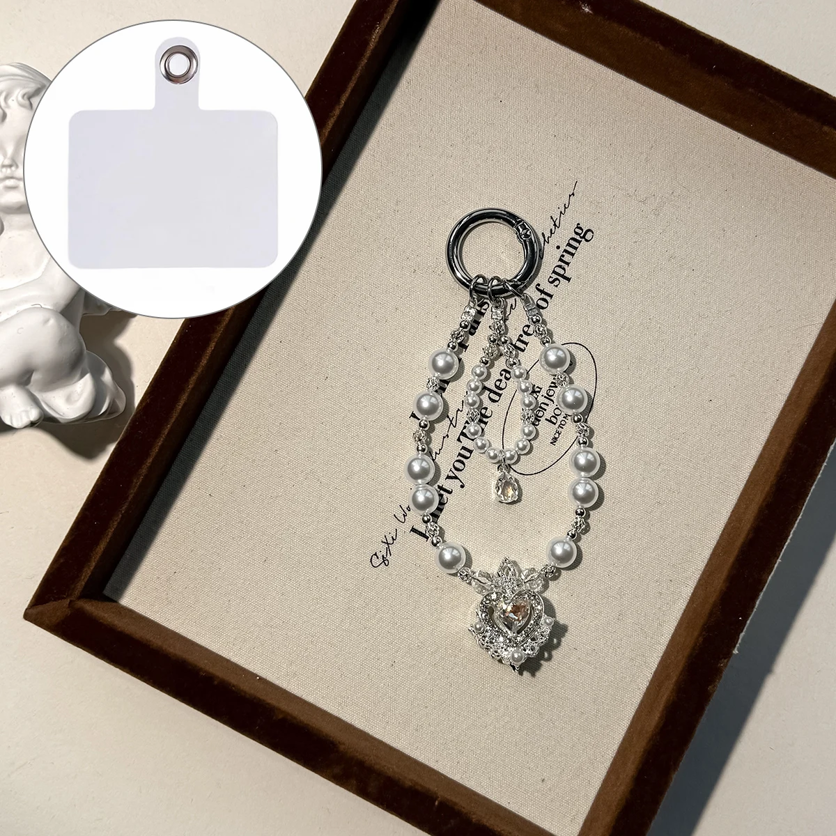 A1205-K9 30cm Phone Strap Pearl Crown Pendant Keychain Crystal Rhinestone Mobile Phone Lanyard Charm with Removable Blank White