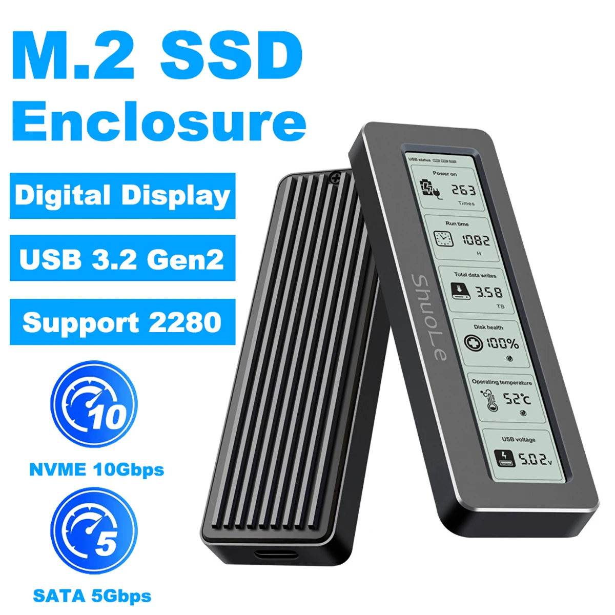 M2 SSD NVMe Enclosure USB 3.2 Gen2 10Gbps PCIe SSD Box M.2 NGFF SATA SSD Case Intelligent Digital Health Monitoring M.2 SSD Case